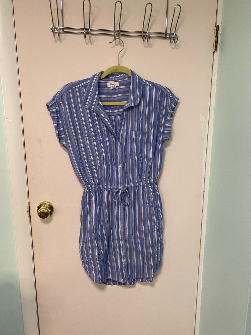 Striped Blue Button-Front Shirt Dress with Tie Waist